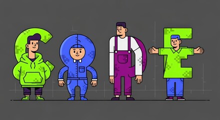 Four Diverse Characters Representing the Word CODE Standing Together.