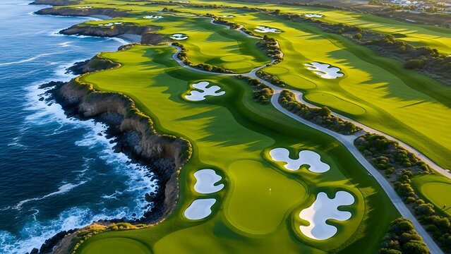 Aerial view showcases a beautiful golf course along a rugged coastline, featuring lush green fairways and white sand traps.