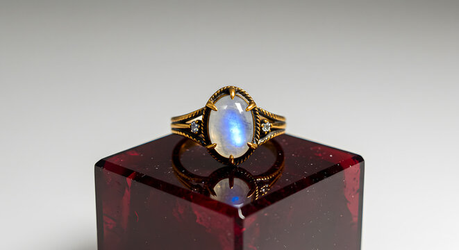 Elegant moonstone ring with a mesmerizing blue schiller effect, set in an intricate gold band, beautifully displayed on a deep red reflective pedestal