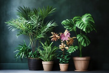 Fototapeta premium Indoor plant arrangement showcasing various species against a dark green wall
