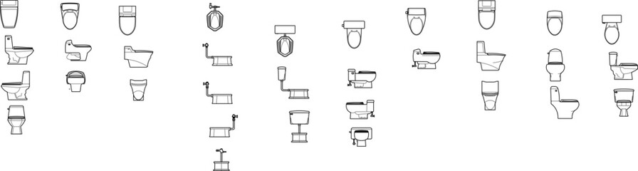Set of minimalist toilet and commode vector line art. Features various plumbing designs in side and top views for interior and bathroom planning.