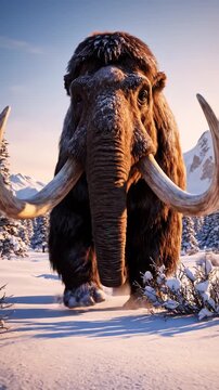 Mammoth walks through snowy landscape during ice age in stunning view