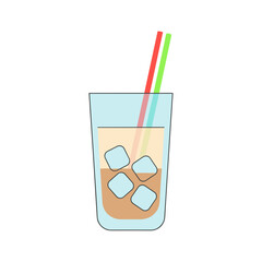 Iced latte in clear glass with ice cubes and colorful straws  