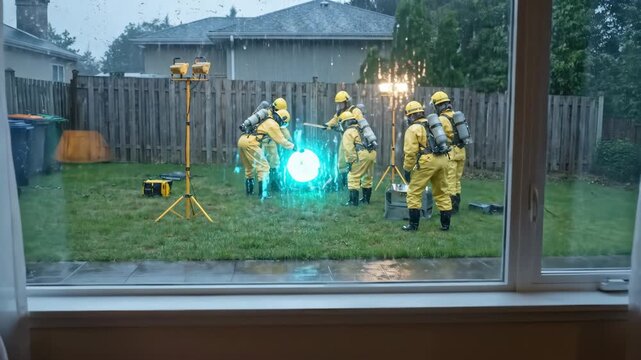Mysterious blue glowing anomaly in backyard at night. Hazmat suited investigators surround ethereal orb. Sci-fi scene of otherworldly intrusion viewed through home window in rainy weather.