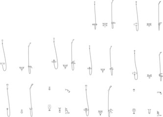 Large vector set of bathroom shower fixtures and faucet systems in minimalist line art. Features various handheld shower heads and wall-mounted taps.