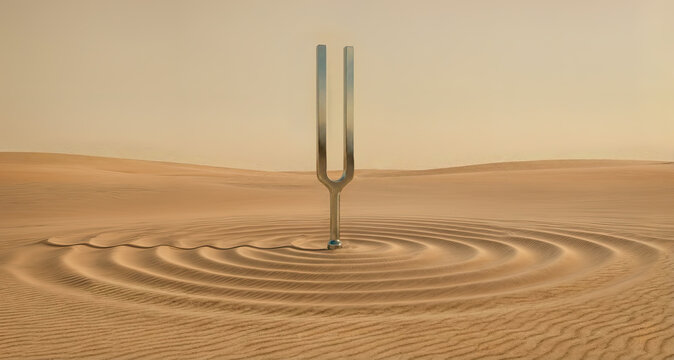 A vibrating tuning fork in the middle of a desert, creating natural circular patterns in the sand. Graphic resource. The physics of sound waves. Vibrations and rhythms in nature.