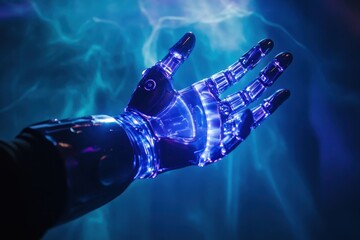 Futuristic robotic hand showcasing intricate design and glowing elements in dark environment