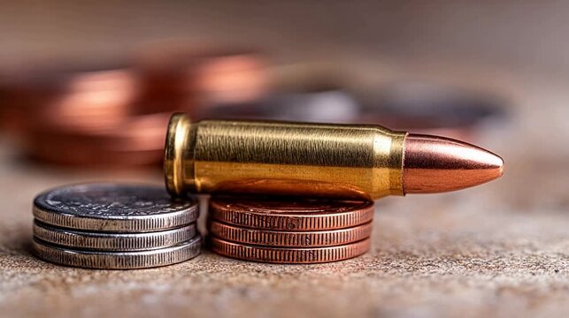 Bullet resting on stacks of coins