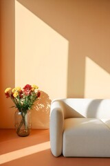 Cozy living room with vibrant flowers on a modern couch