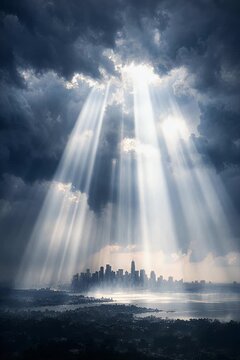 Dramatic god rays break through storm clouds, illuminating a distant city skyline.