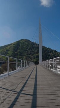 Riding across a Los Angeles river pedestrian, horse and bike bridge near Griffith Park and Glendale in Los Angeles California.  Vertical view.