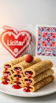 Delicate Croatian Palačinke Crepes with Jam, Traditional Licitar Heart and Zagorje Embroidery Background, Large Negative Space