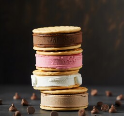 Stacked ice cream sandwiches with chocolate chips on dark background