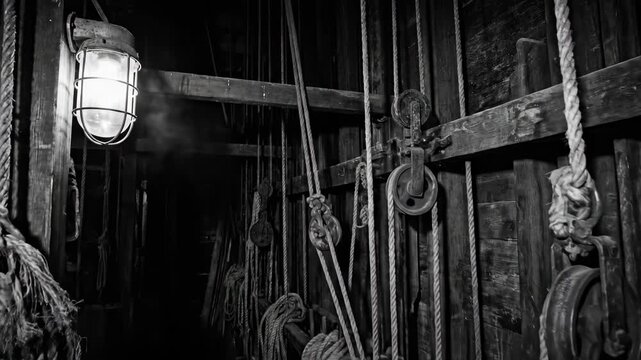 Dimly lit nautical interior with hanging ropes and glowing lantern. Ship hold rigging sequence showing wooden beams and coiled cables. Maritime atmosphere concept for adventure storytelling.