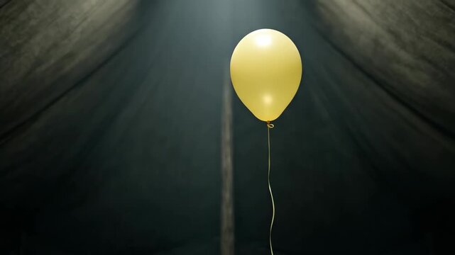 Yellow balloon on a string inside a dimly lit circus tent. Video frames capture the balloon descending from high position at the ceiling to lower height on the pole. Circus performance atmosphere and