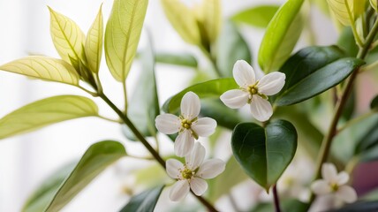 Beautiful white flowers on green plant with lush leaves indoors