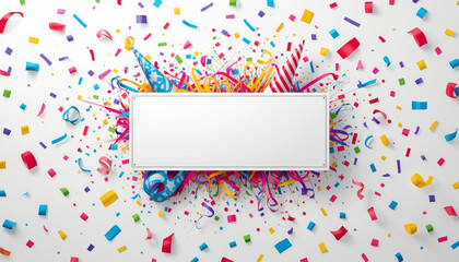 A colorful celebration scene with confetti and a blank white banner for a party or special occasion