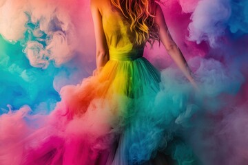 Vibrant dress swirls in colorful smoke at an artistic photography session