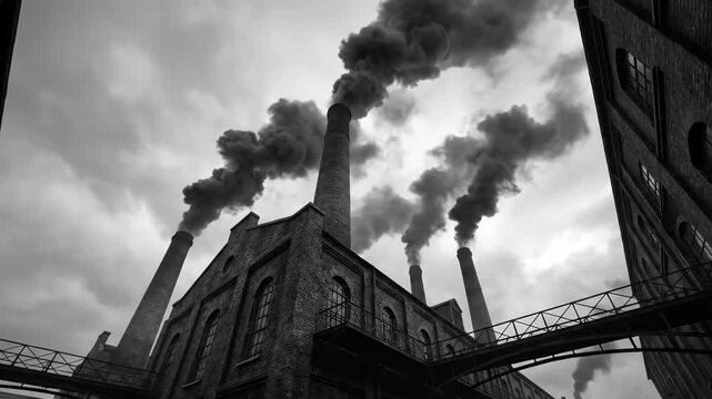 Victorian era industrial factory with tall smokestacks emitting thick smoke. Brick buildings and overcast sky in historical urban landscape. Industrial revolution concept in black and white.