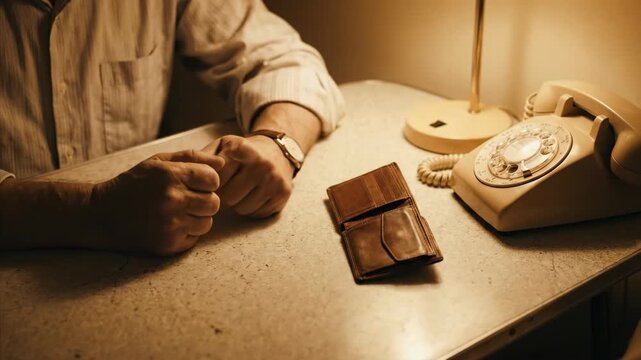 Man sits with hands clasped on table next to empty wallet and rotary phone showing financial distress or anxiety.