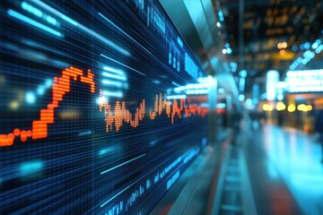 Financial data trends displayed on a digital board in a modern trading environment at night
