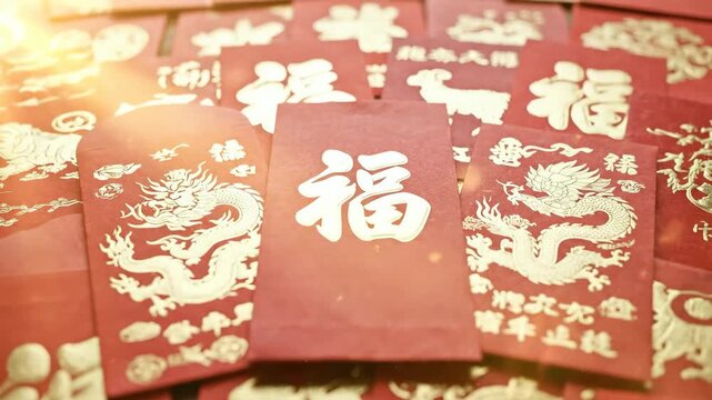 Red envelopes forming circular arrangement for lunar new year celebration. Traditional hongbao stacked with dragon designs and gold characters symbolizing fortune and prosperity in festive display.