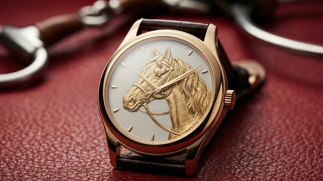 Elegant watch with horse zodiac emblem glowing on red surface. Luxury timepiece showcasing equestrian motif for lunar new year celebration and cultural festivities.