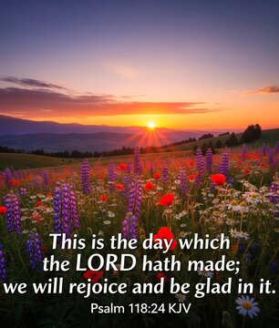 Sunset Mountain Landscape with Psalm 118:24 Bible Verse and Wildflowers