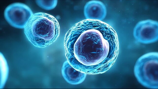 Microscopic view of floating blue biological cells with nuclei, 3D rendering for medical science, biotechnology and microbiology research