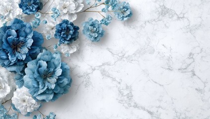 Blue and white floral arrangement on a marble background