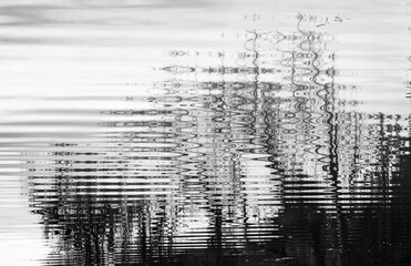 Visual music in abstract black and white water reflection ripples and distorted trees minimalist fine art photography monochrome lake texture wavy lines slow rhythm still pond meditative mood