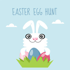 Cute Easter bunny with colorful eggs in grass. Flat vector illustration for Easter egg hunt, kids design, greeting card and spring holiday themes.