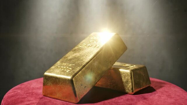 Gold ingots stacked on red pedestal under spotlight. Bars glowing brighter in sequence. Symbol of prosperity and fortune for lunar new year celebration.