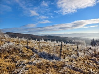 winter mountain landscape with fence