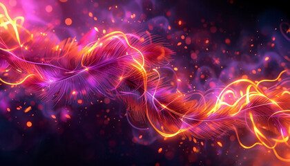 A vibrant and dynamic abstract image featuring swirling neon lights and colorful particles against a dark background