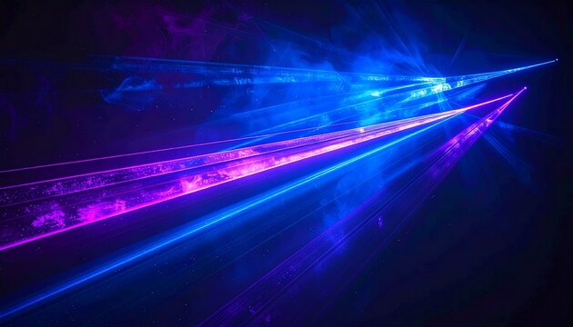 Laser light beams blue violet abstract illumination glowing streaks cutting darkness on black background creating dramatic low key atmosphere with sharp contrast energy motion technology nightlife sta - Powered by Adobe