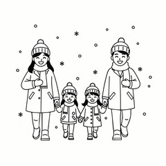 Happy family of four, parents and two children, walking hand in hand through falling snow in winter. Black and white line art illustration of togetherness and joy.
