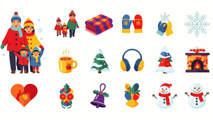 Fototapeta premium Winter Holidays Icons Set: Family, Snowman, Christmas Tree, Fireplace, Hot Drink, Snowflakes, Mittens, Scarf, Blanket