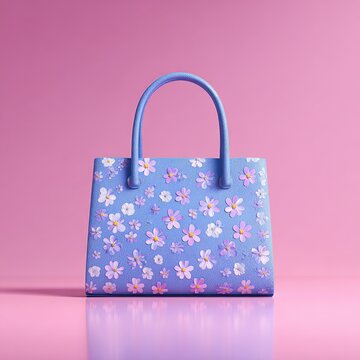 Blue handbag decorated with colorful floral details against a pink background