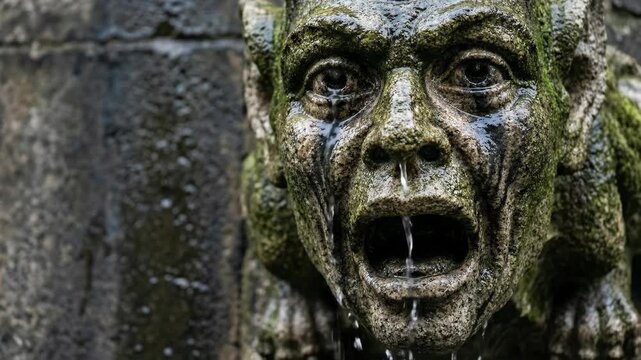 Ancient gargoyle on mossy stone wall awakens in dark fantasy. Grotesque face snarls with widening eyes then spits water from mouth as fountain.