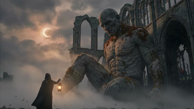 Woman in cloak holding lantern approaches giant stone statue in misty ancient ruins under dark crescent moon. Dark fantasy encounter with gothic architecture and ominous atmosphere.
