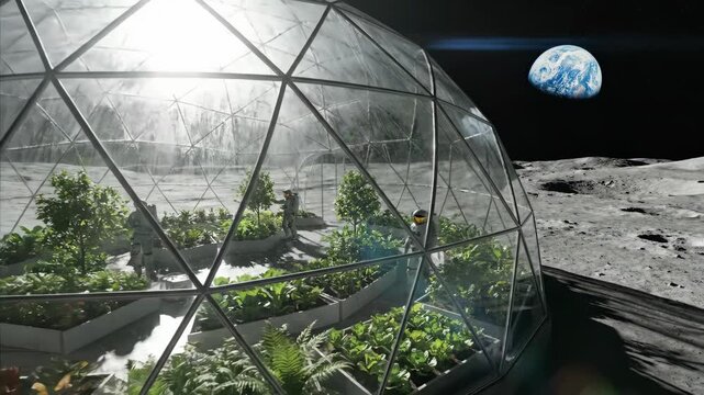 Astronaut cultivating plants in lunar dome habitat. Space agriculture scene with Earth in view. Sustainable farming concept on moon surface for future colonization.