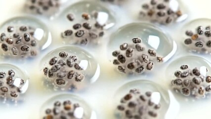 Close-up view of gelatinous droplets containing seeds, showcasing intricate textures and bubbles