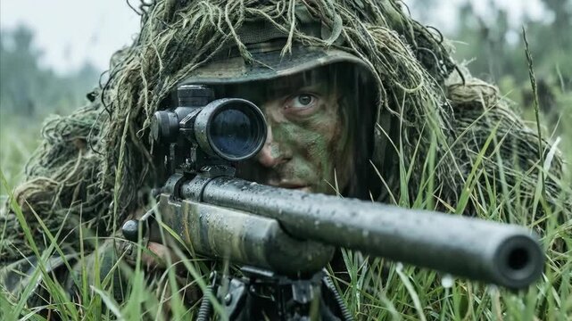 Sniper in camouflage aiming rifle through scope in grassy field. Man in ghillie suit preparing shot during military operation. Precision targeting and reconnaissance concept.