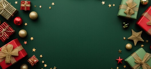 christmas background with green, red, and gold gift boxes and decorations on a green surface christmas concept banner with copy space for text Generative AI