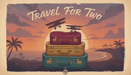 Fototapeta premium Travel plans take shape with three vintage suitcases and an airplane silhouette at sunset over a tropical beach Valentine's Day