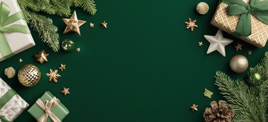 green background with christmas decorations and gifts, top view, banner for website design company Generative AI