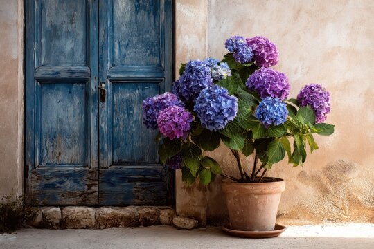 Blue door, vibrant hydrangeas in pot, rustic stucco wall - Powered by Adobe