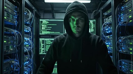 Hooded man in data center stands before server racks with glowing screens. Sequence progresses to closer view of intense gaze amid green digital code. Cyber hacker accessing systems for security - Powered by Adobe