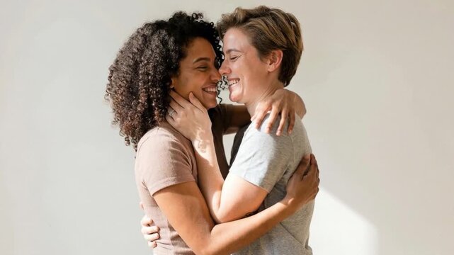 Same-Sex Couple Kissing Happily on White Background
